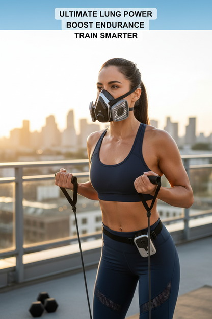 Athletic person using breathing trainer respirator during workout for improved lung capacity and endurance